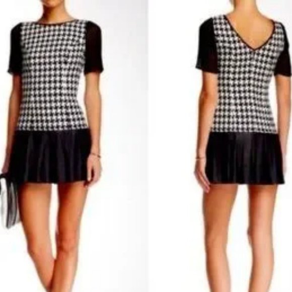 💥EFFORTLESSLY CHIC💥 Black & White Checkered Knit Dress wit Black Leather Dress - Picture 1 of 12
